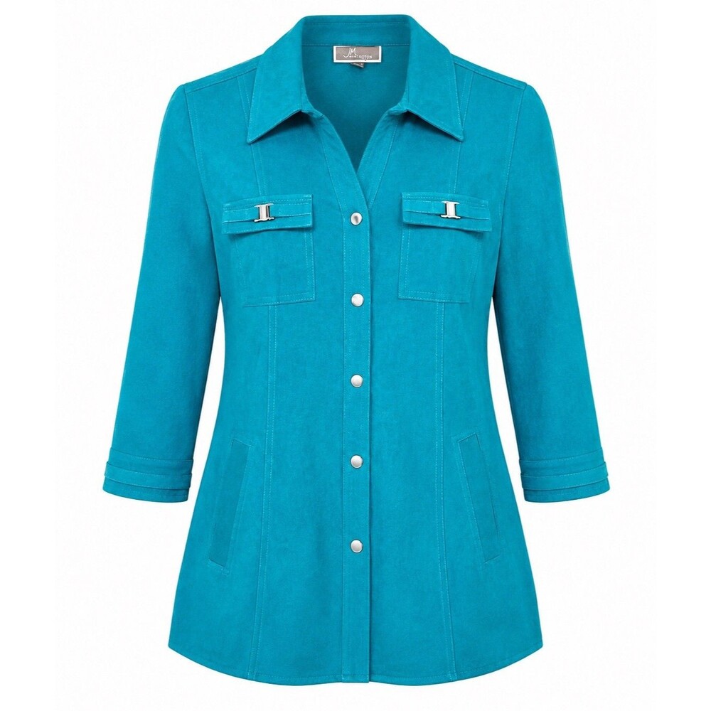 JM Collection Petite Teal Button Front Jacket Top 3/4 Sleeve P/M Women’s Medium